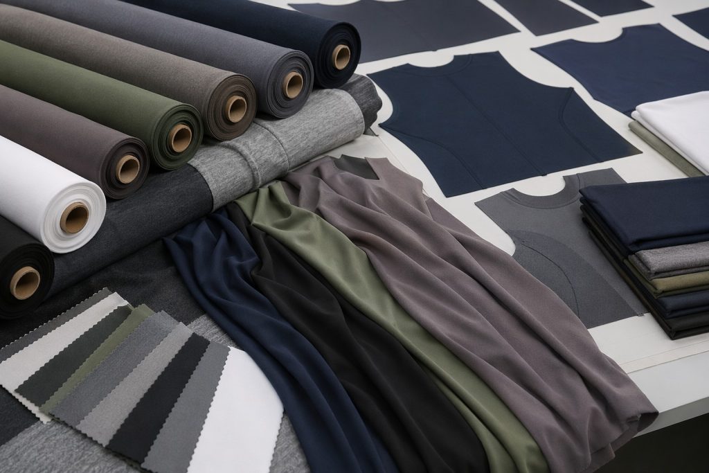 Stretch polyester spandex fabric rolls and swatches for wholesale apparel sourcing