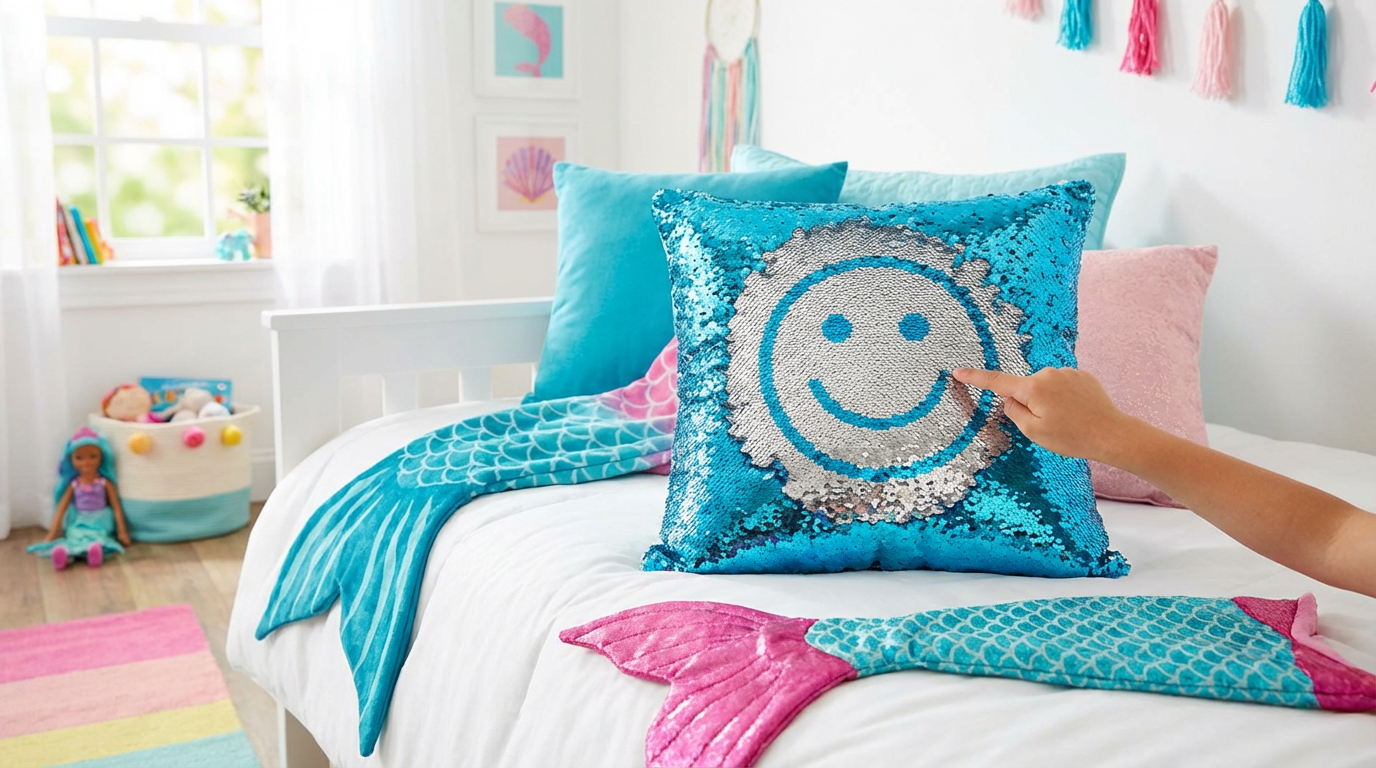 Kids Mermaid Sequin Pillow Interactive Decor