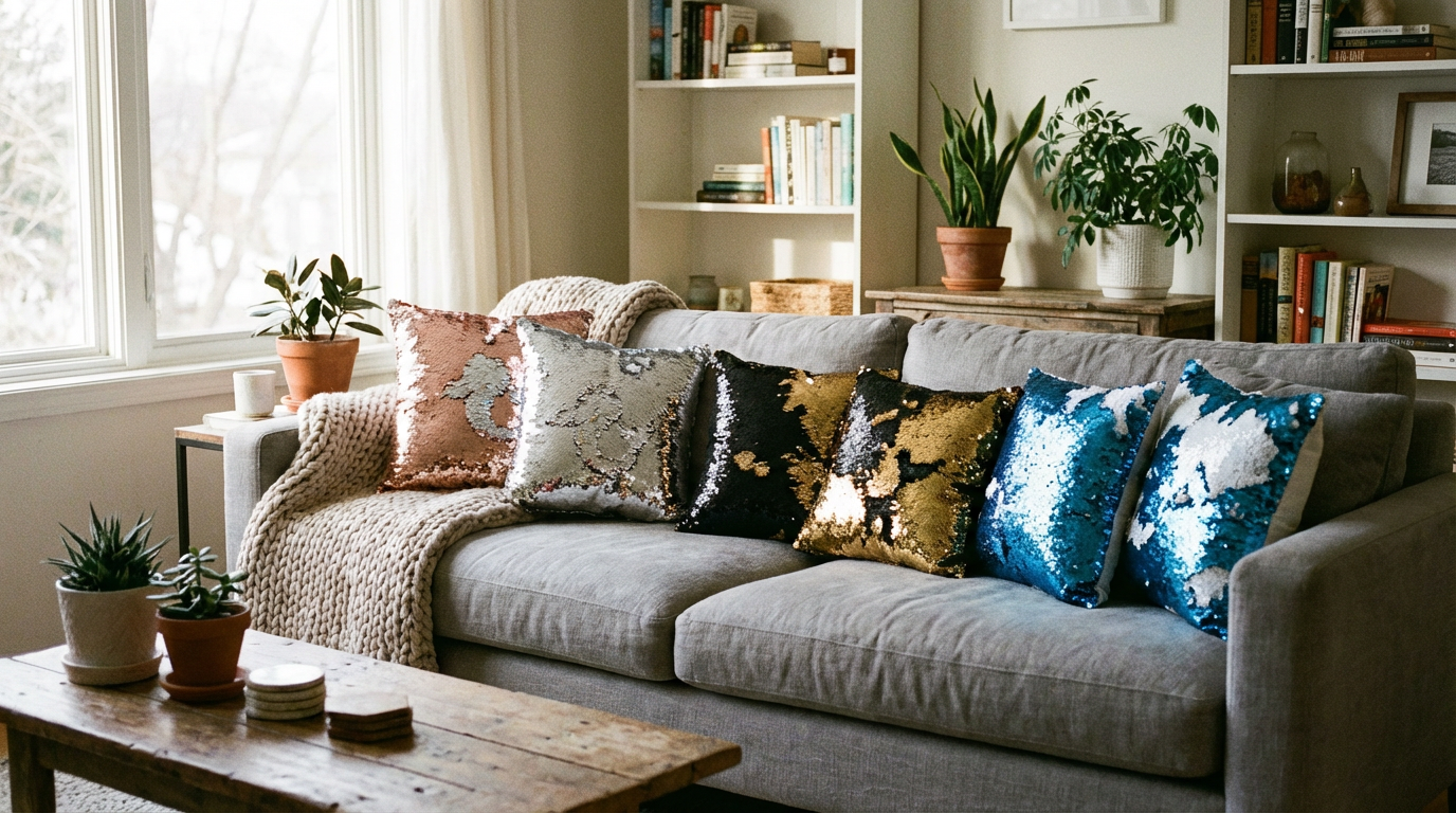 Modern Living Room Decor with Sequin Pillows