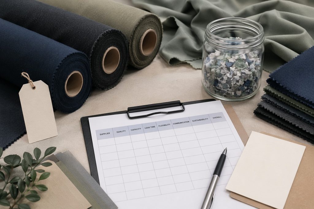 Recycled-look polyester fabric rolls and swatches for sustainable sourcing