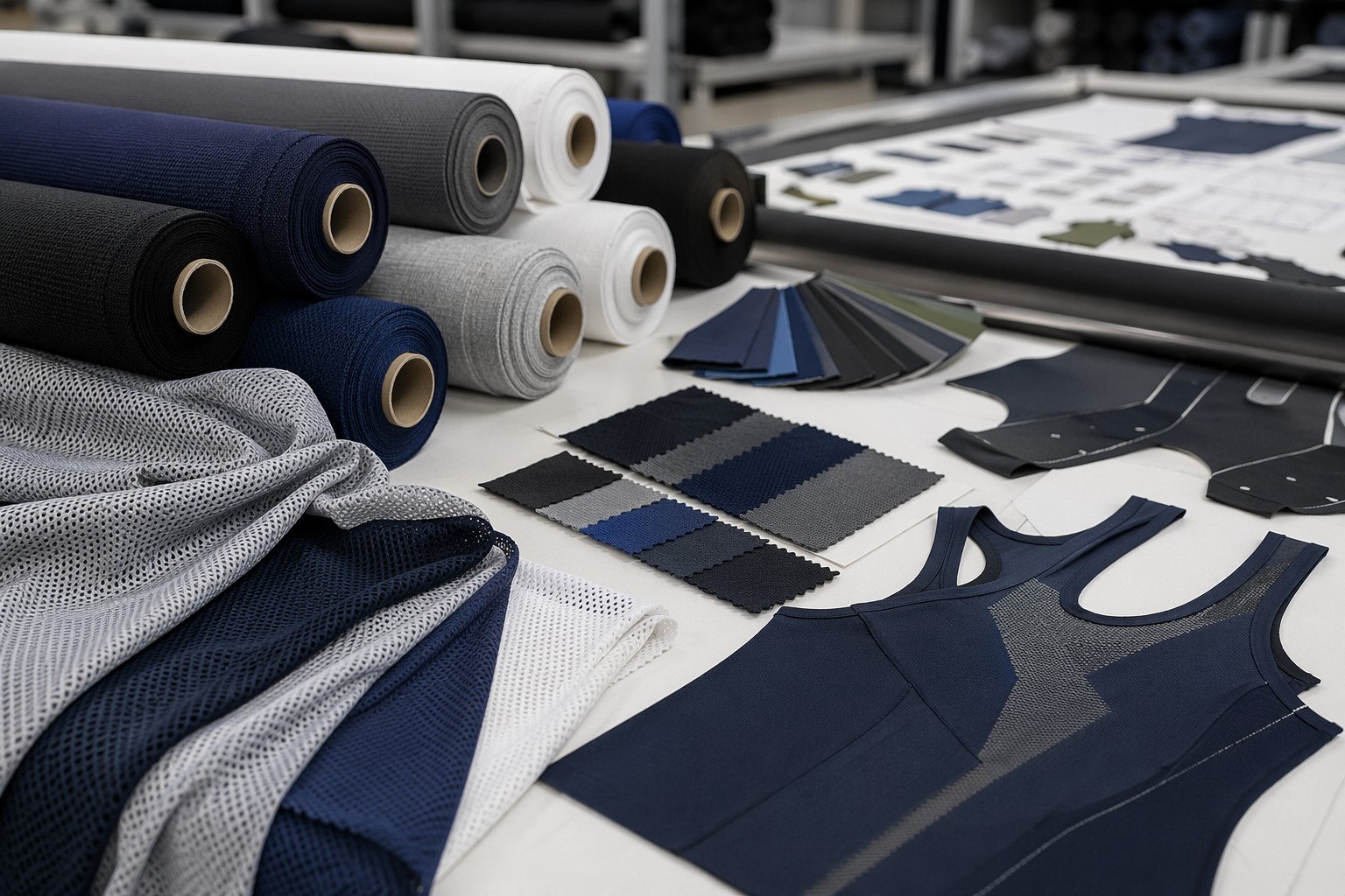 Technical polyester sports fabric rolls, mesh and stretch swatches for suppliers
