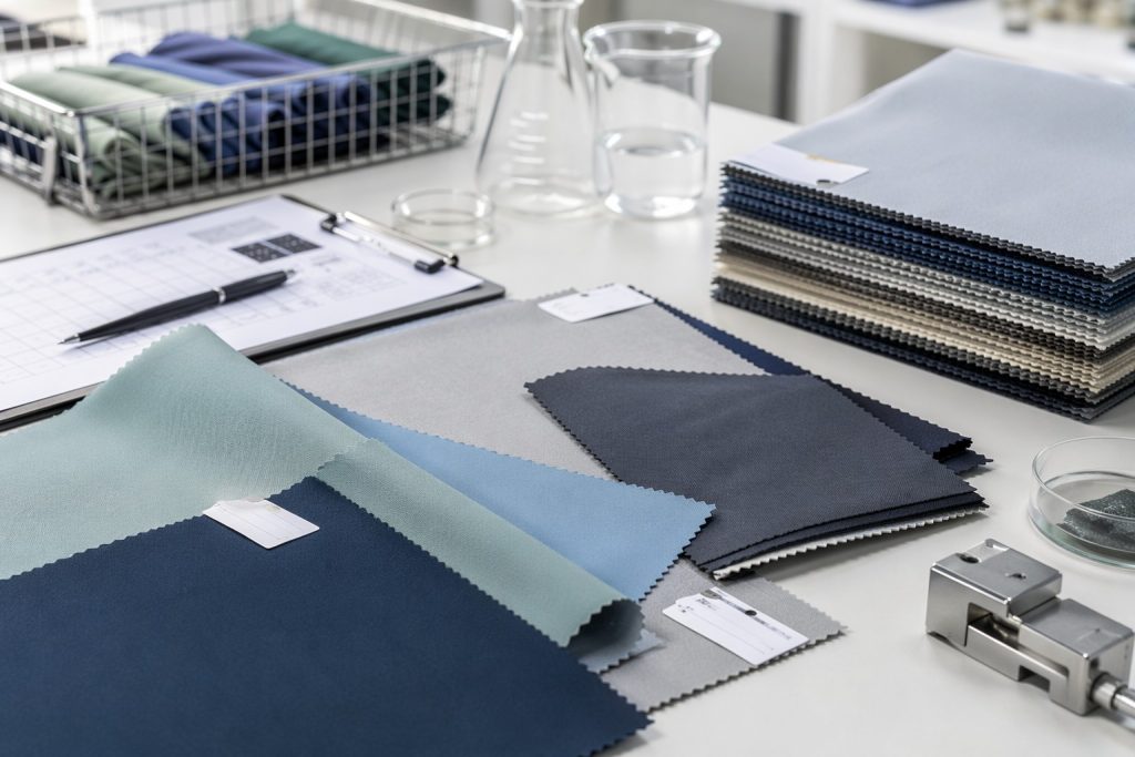 Functional polyester fabric swatches for medical and travel apparel sourcing