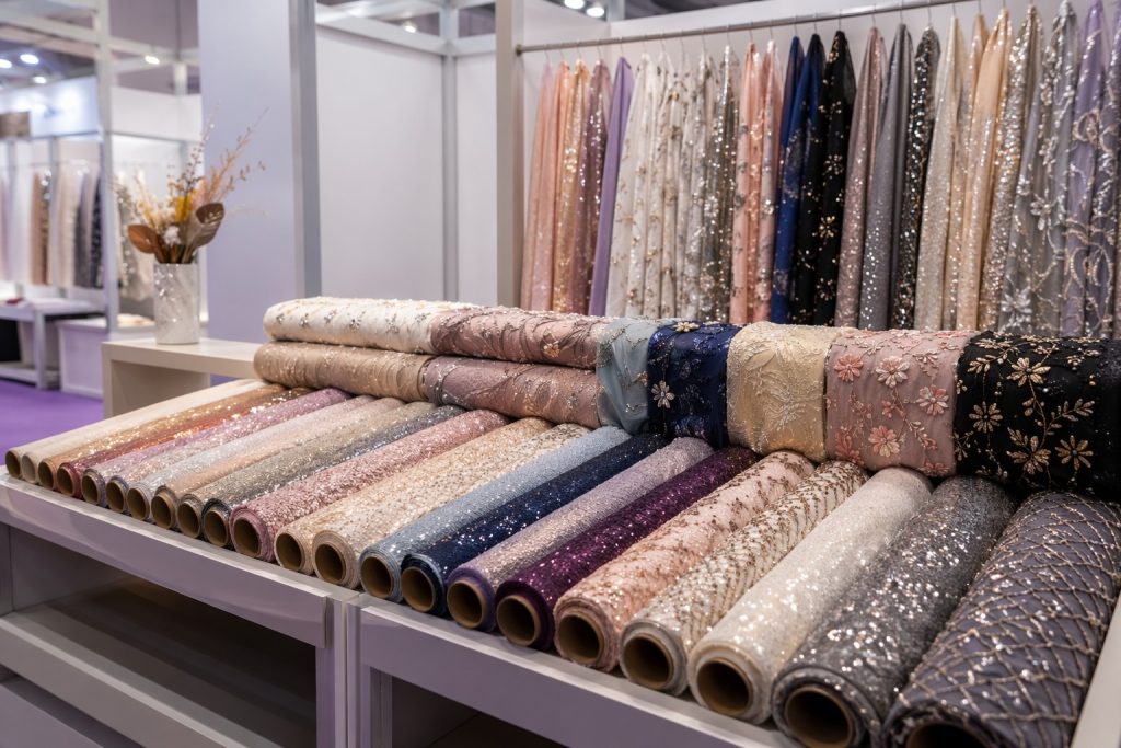 Canton Fair sequin and embroidery fabric samples for wholesale buyers