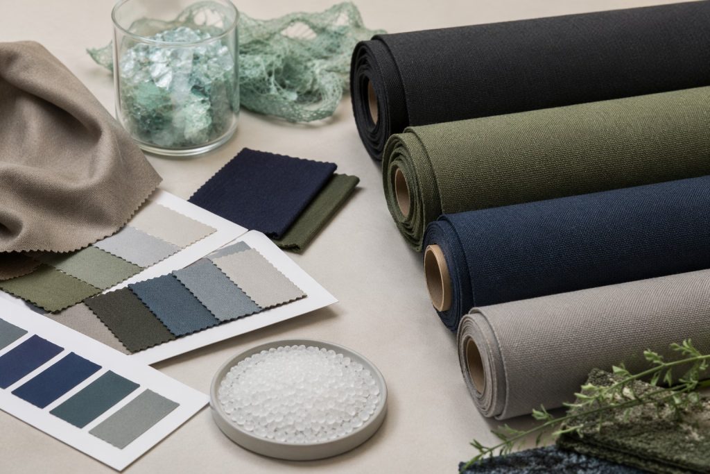 Recycled polyester fabric rolls and sustainable fashion swatches for wholesale sourcing