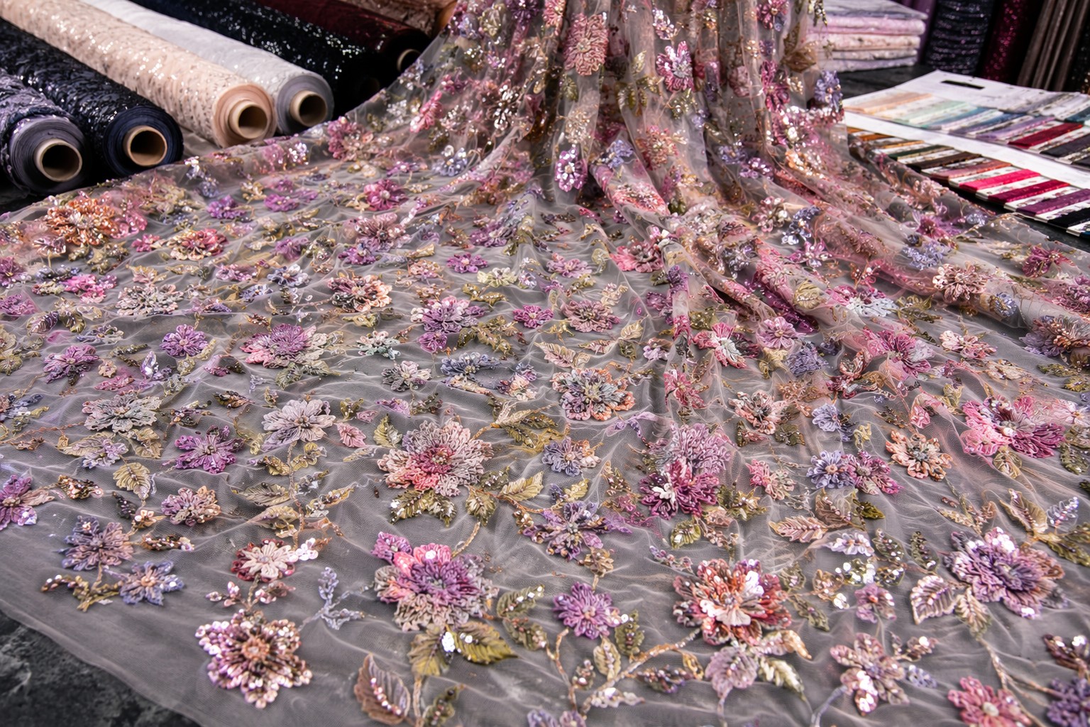 Wholesale embroidery fabric rolls and curtain textile swatches for B2B buyers