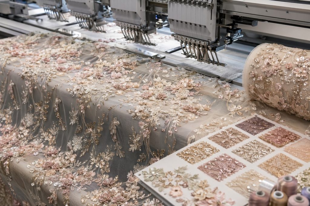3D floral sequin embroidery fabric under a multi-head embroidery machine