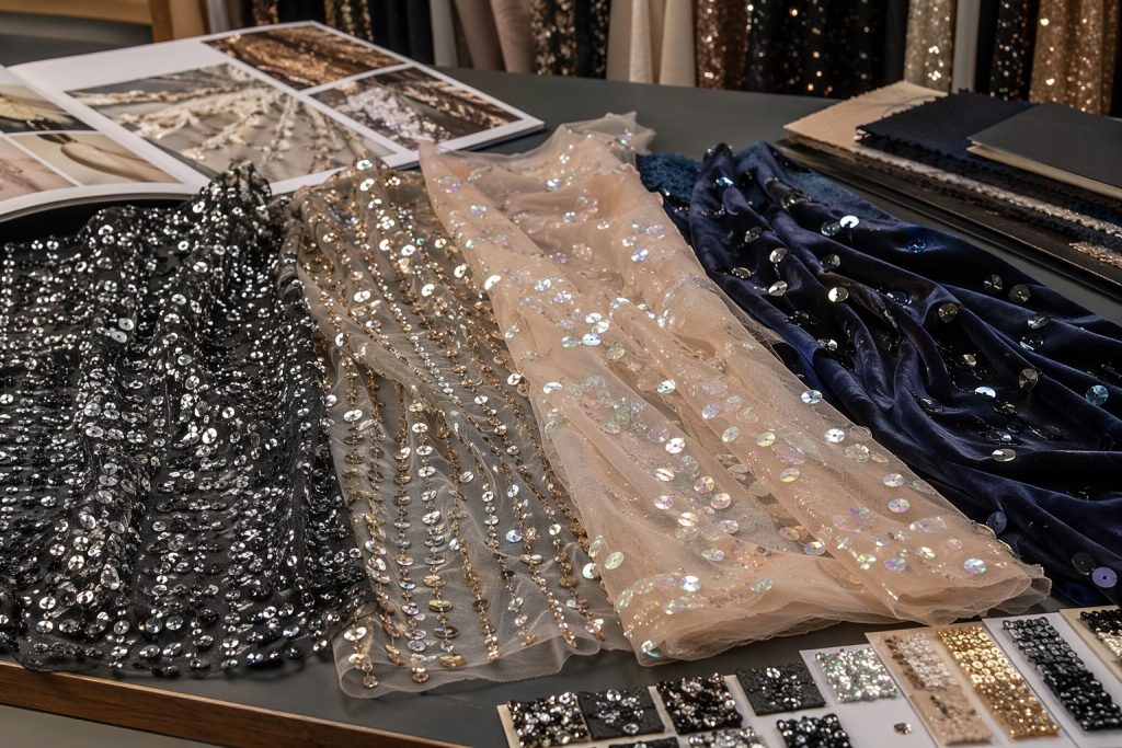 Mesh, stretch mesh, tulle and velvet base swatches for sequin fabric selection