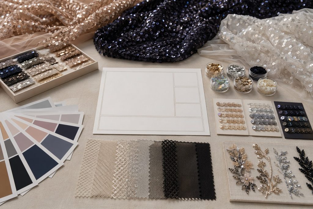 Custom sequin fabric design brief with color, size and mesh samples for B2B development
