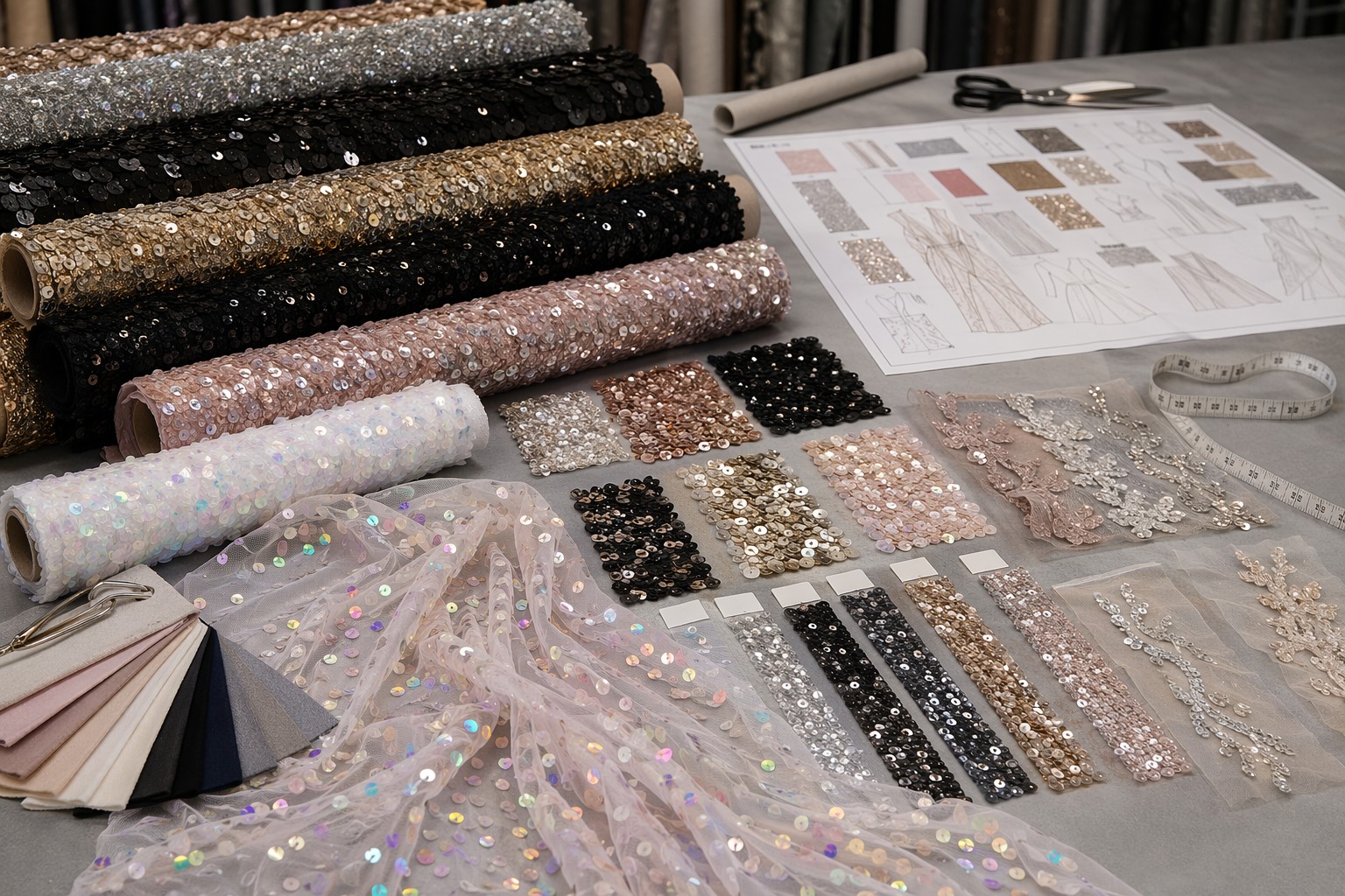 High-performance sequin fabric rolls and swatches for wholesale sourcing