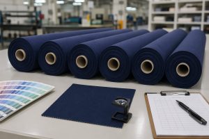 Bulk embroidery fabric rolls aligned with approved dye lot color swatch