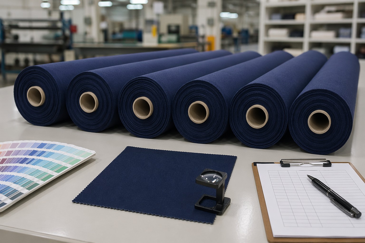 Bulk embroidery fabric rolls aligned with approved dye lot color swatch