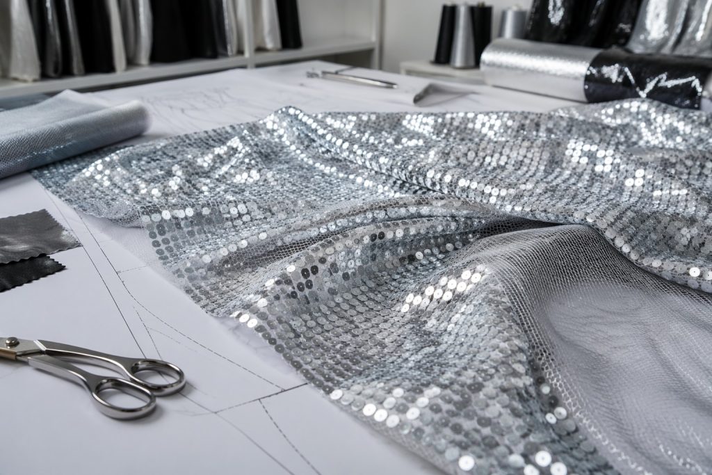 Reflective sequin mesh fabric panels for sportswear sourcing