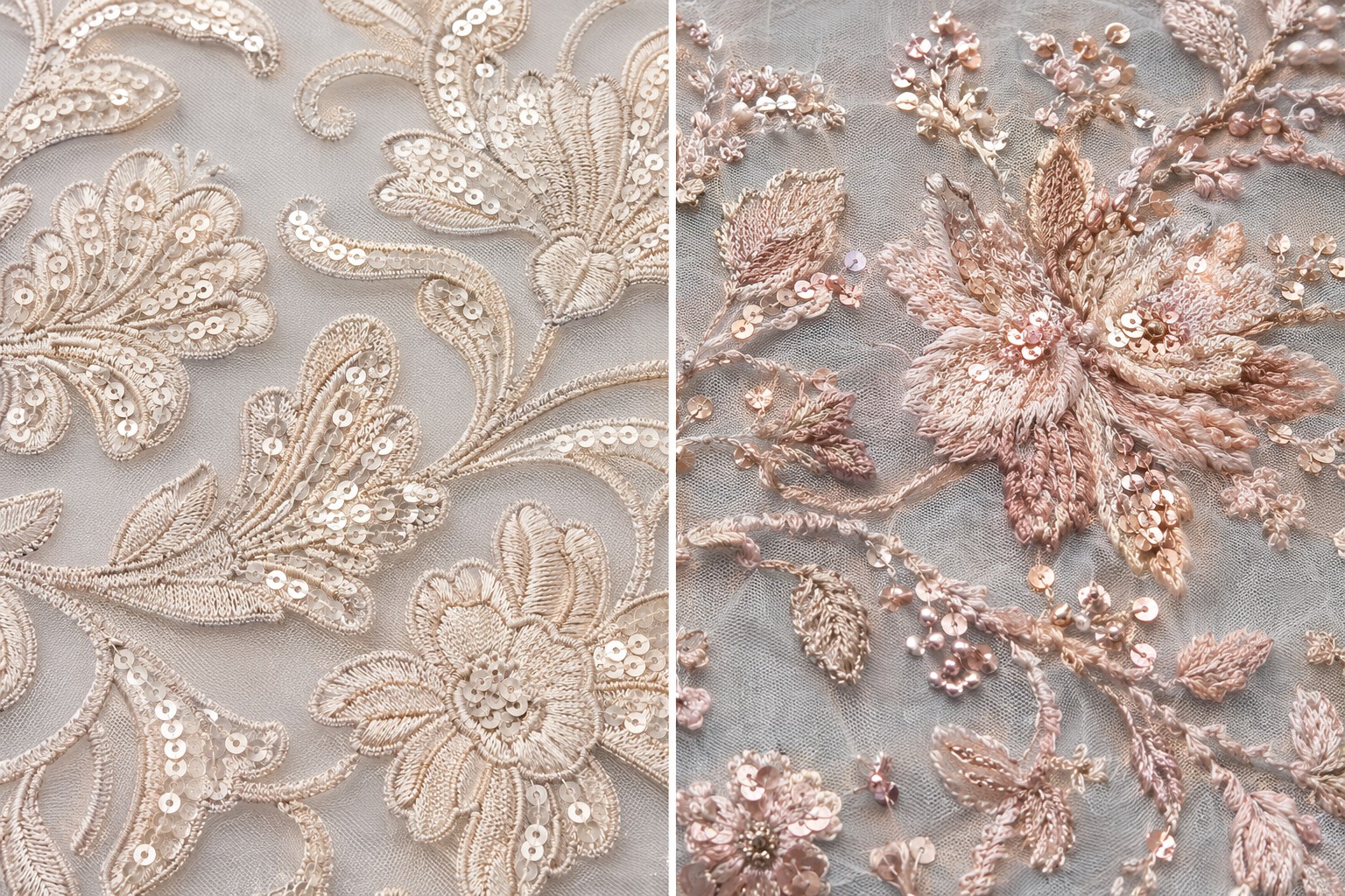 Computer and hand embroidery comparison with sequin fabric samples