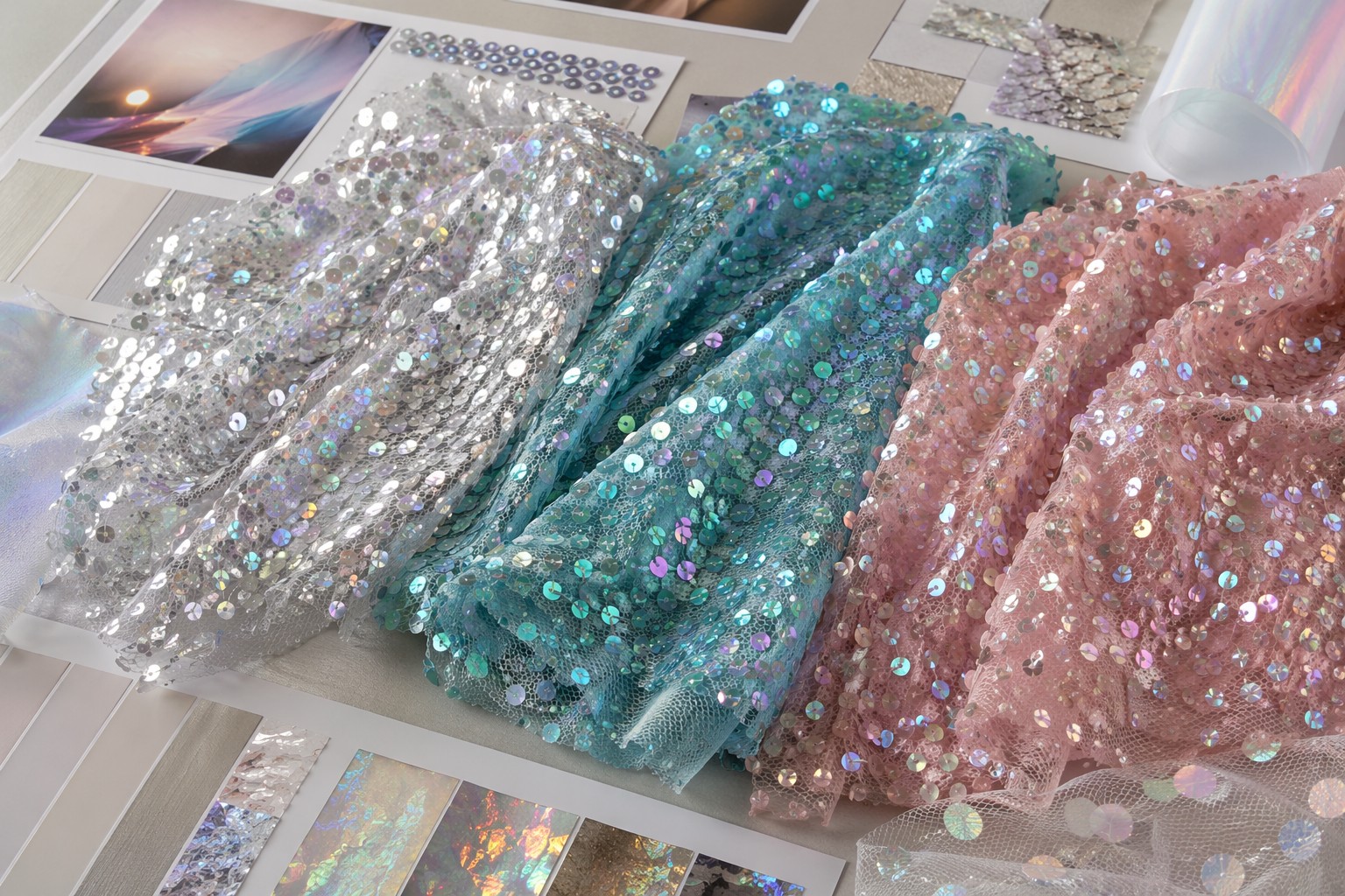 Holographic sequin mesh fabric trend swatches for 2027 fashion sourcing