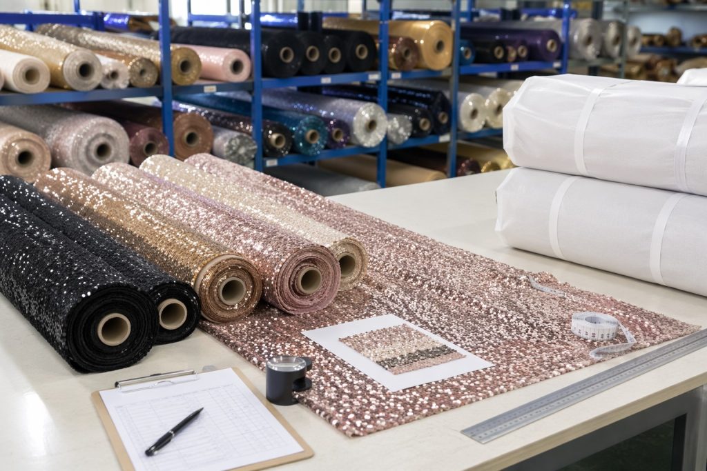 Pre-shipment inspection table for wholesale sequin fabric rolls and approved swatches