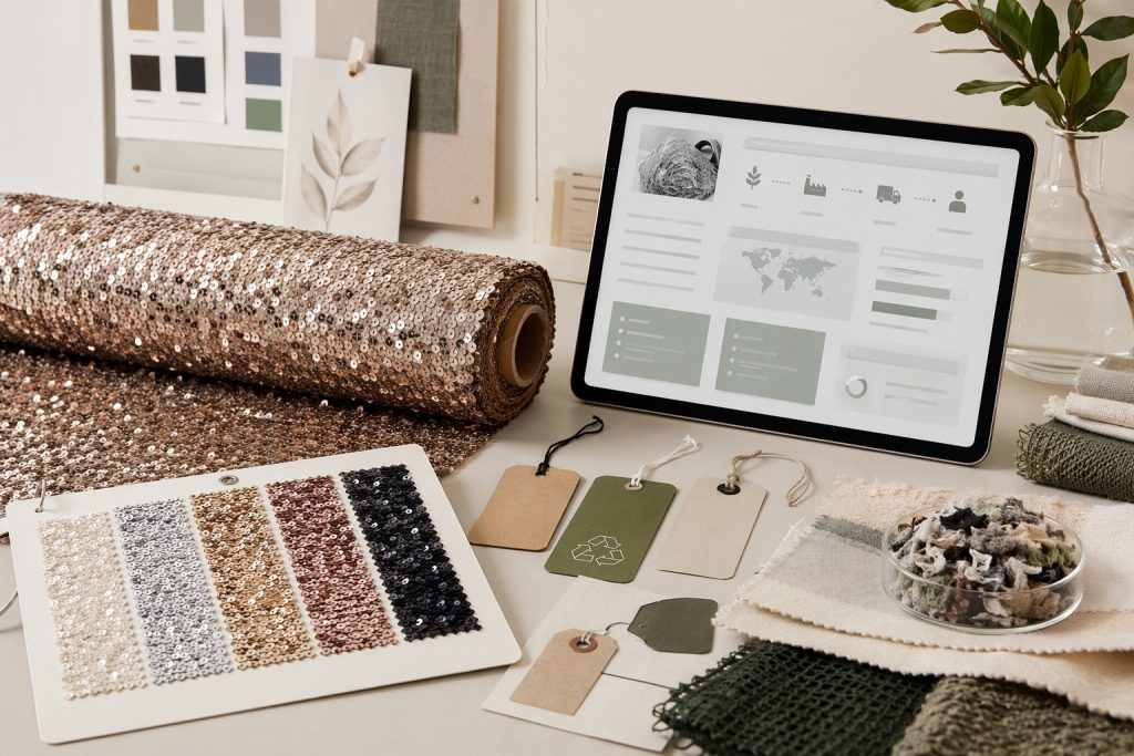 Digital product passport traceability desk for sequin fabric sourcing