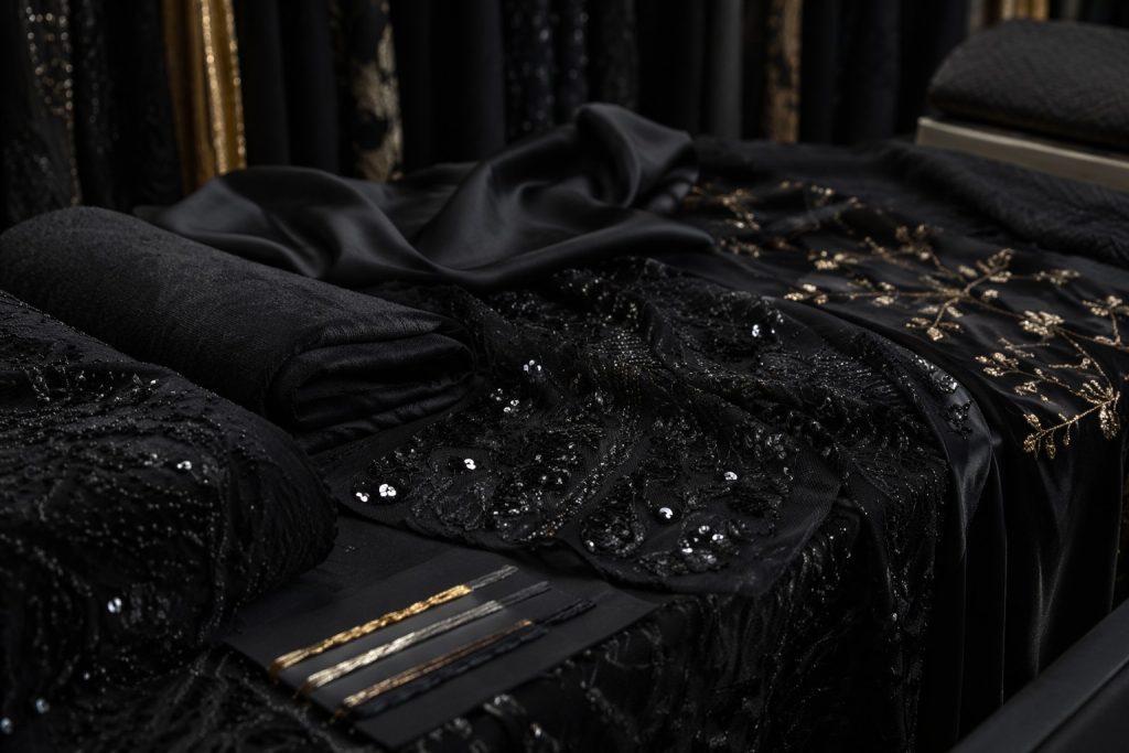 Premium black sequin embroidery mesh for Gulf abaya fabric sourcing