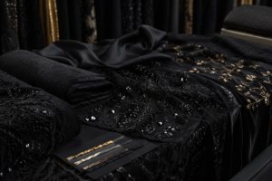 Premium black sequin embroidery mesh for Gulf abaya fabric sourcing