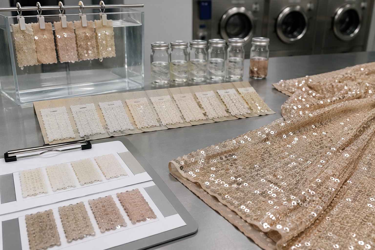 Sequin mesh sample inspected for industrial color fastness quality control