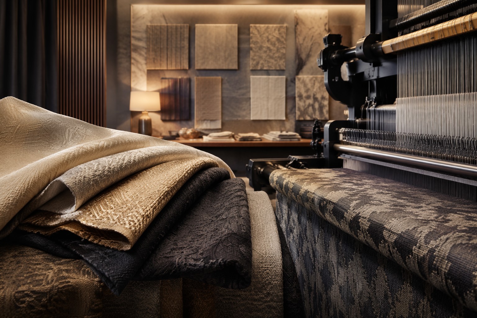 Custom jacquard fabric swatches and weaving loom for luxury hospitality sourcing