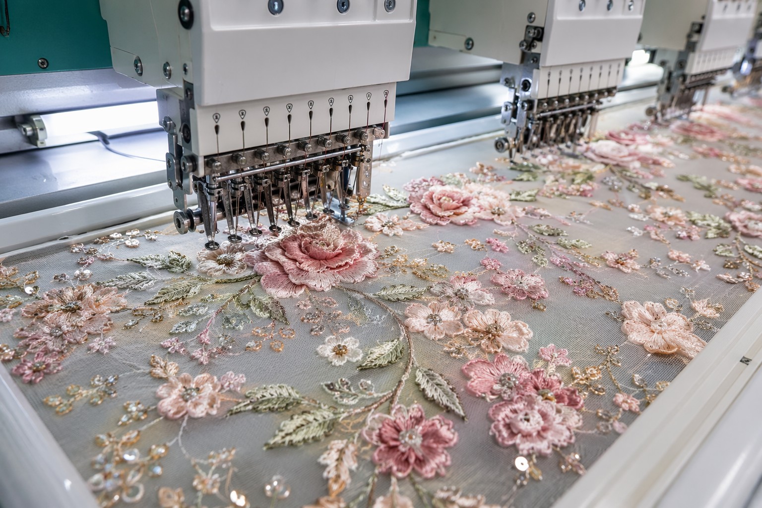 High-definition 3D floral embroidery with sequins under a precision embroidery machine