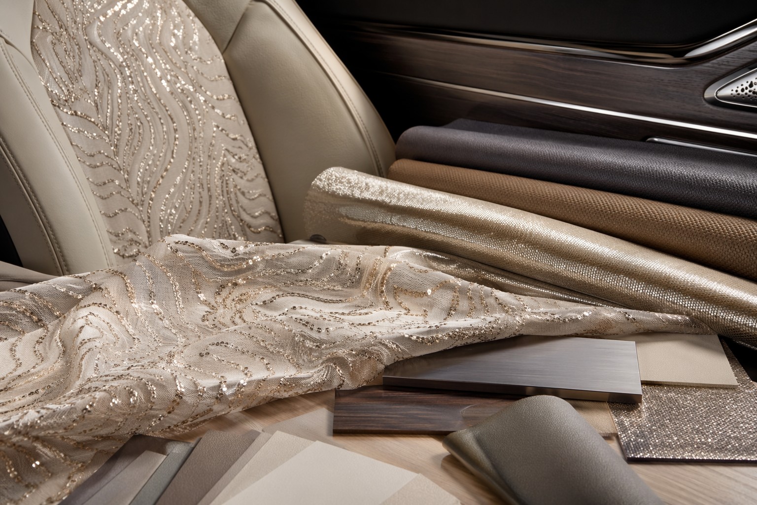 Luxury embroidery fabric used in automotive and yacht interior material sourcing