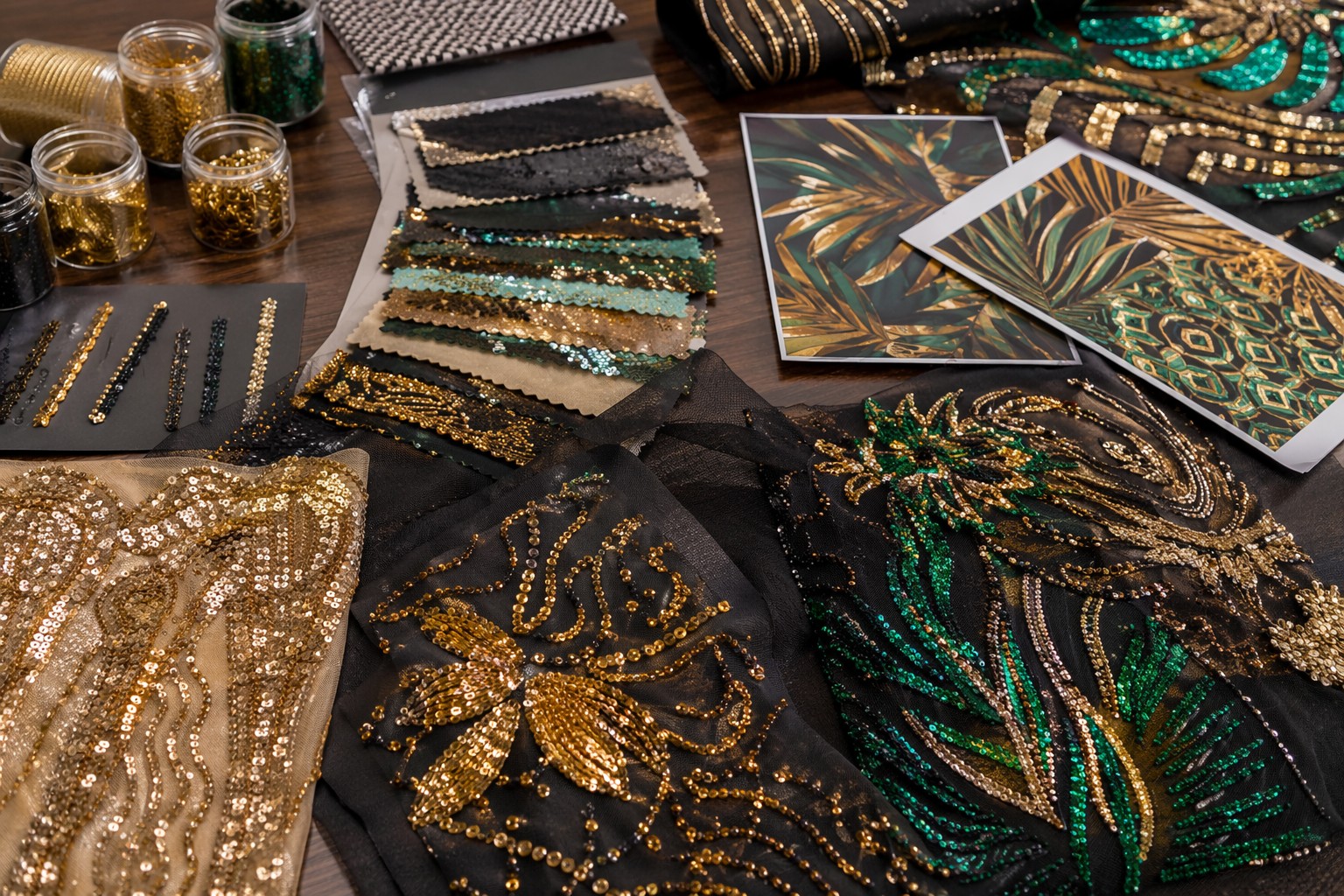 Gold, emerald and black sequin embroidery fabrics for African fashion sourcing