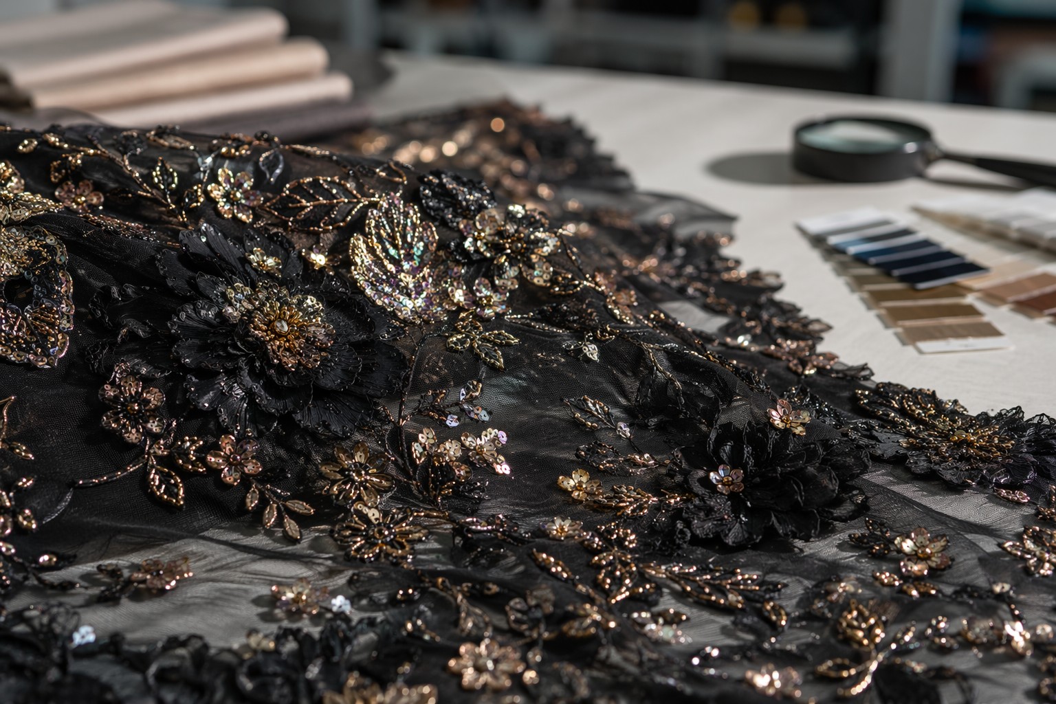 Exclusive 3D sequin embroidery patterns under strict IP protection