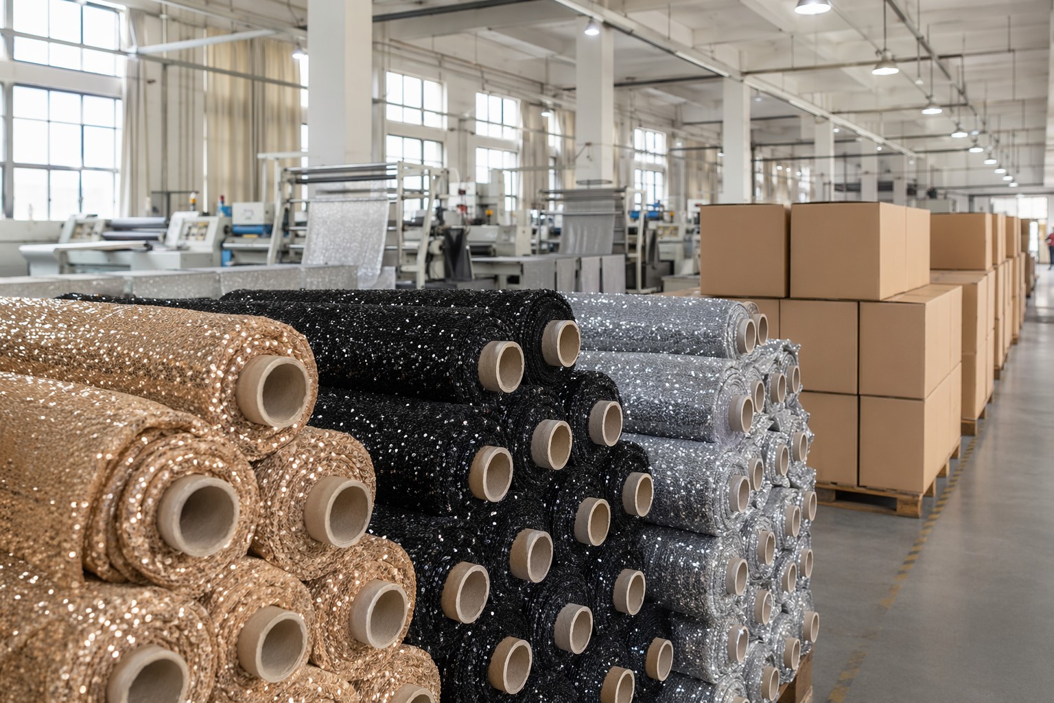 Organized sequin fabric production and warehouse rolls for reliable bulk lead times
