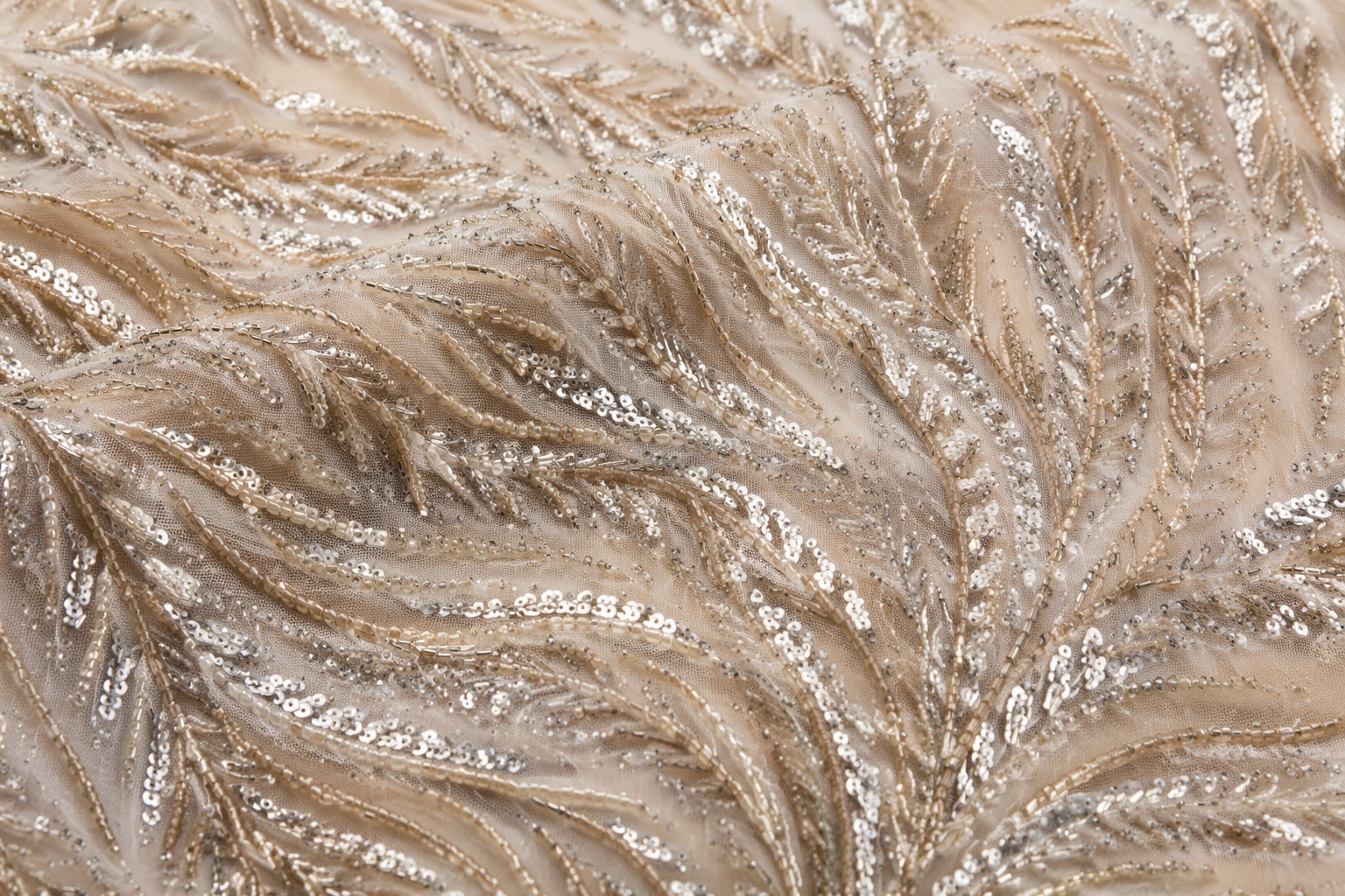 Beaded embroidery fabric with champagne and silver sequins for bridal wholesale sourcing