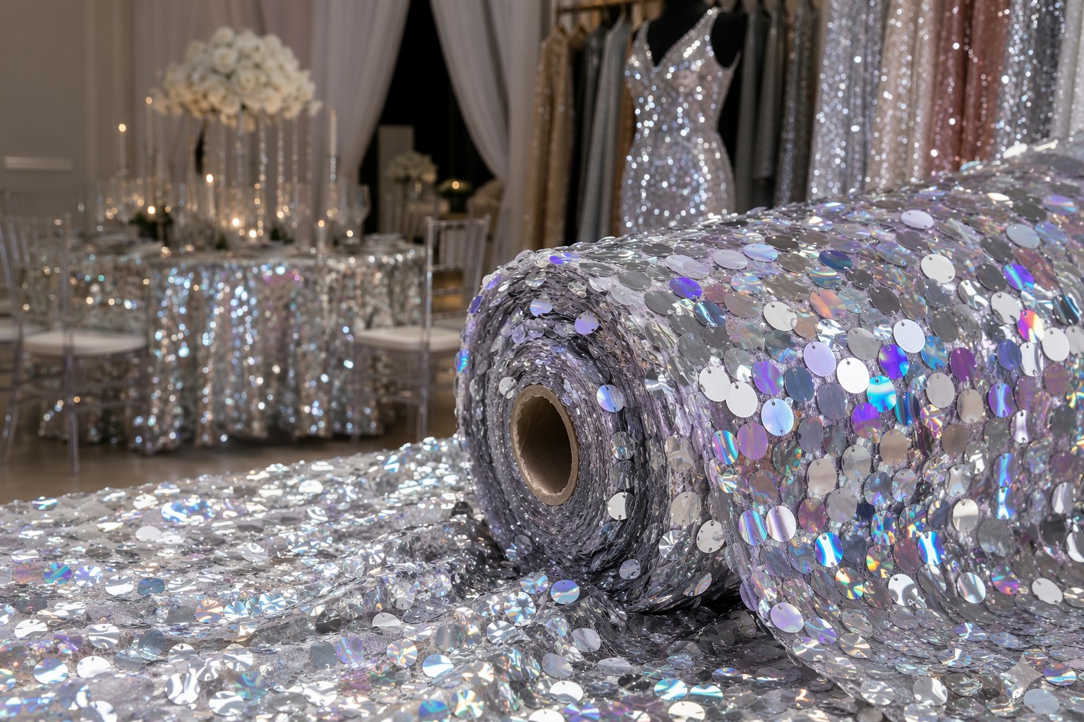 Large iridescent sequin fabric on tulle for event decor and statement fashion