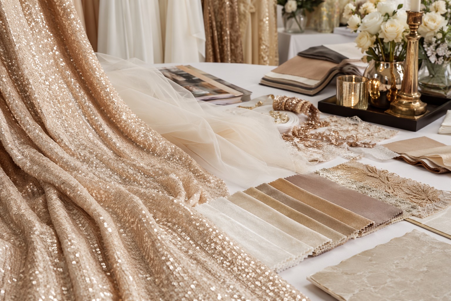 Champagne sequin fabric and bridal tulle samples for wedding and event wholesale sourcing