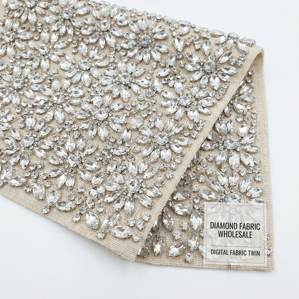 Clear crystal rhinestone floral motifs densely embellished on light beige fabric, diamond fabric close-up