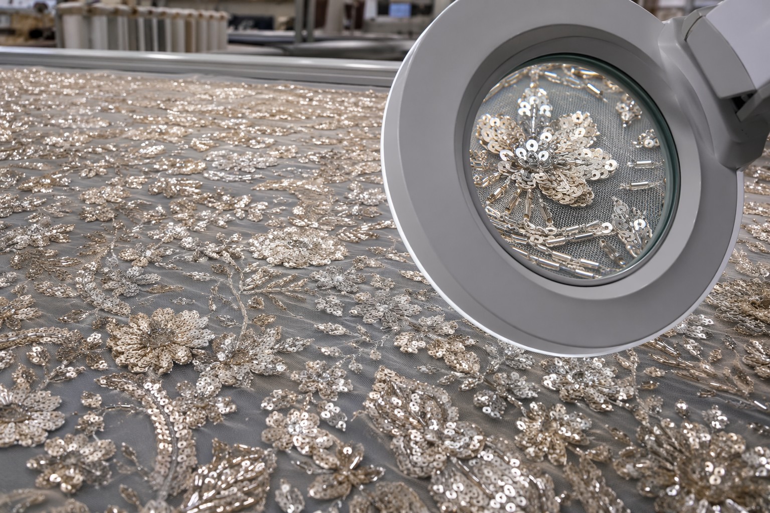 High-density embroidered sequin fabric inspected for stitch precision