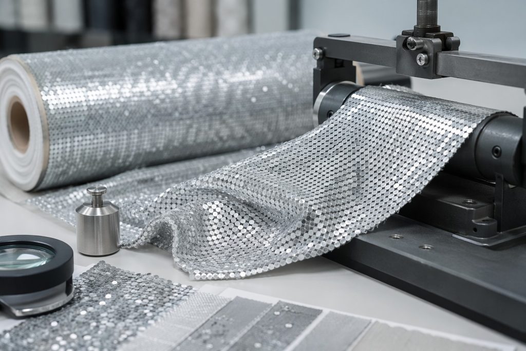 Recycled PET sequin fabric undergoing durability testing for wholesale sourcing