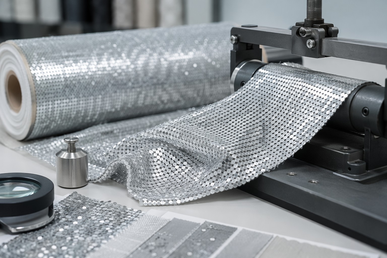 Recycled PET sequin fabric undergoing durability testing for wholesale sourcing