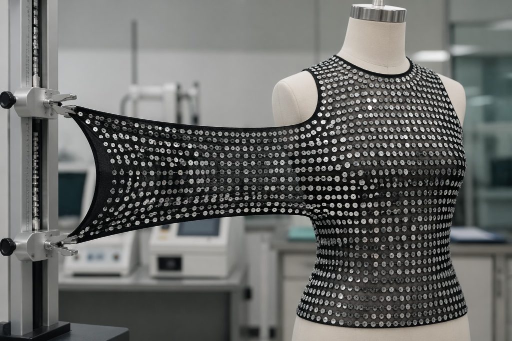 Stretch sequin mesh showing stable sequin alignment on high-spandex backing