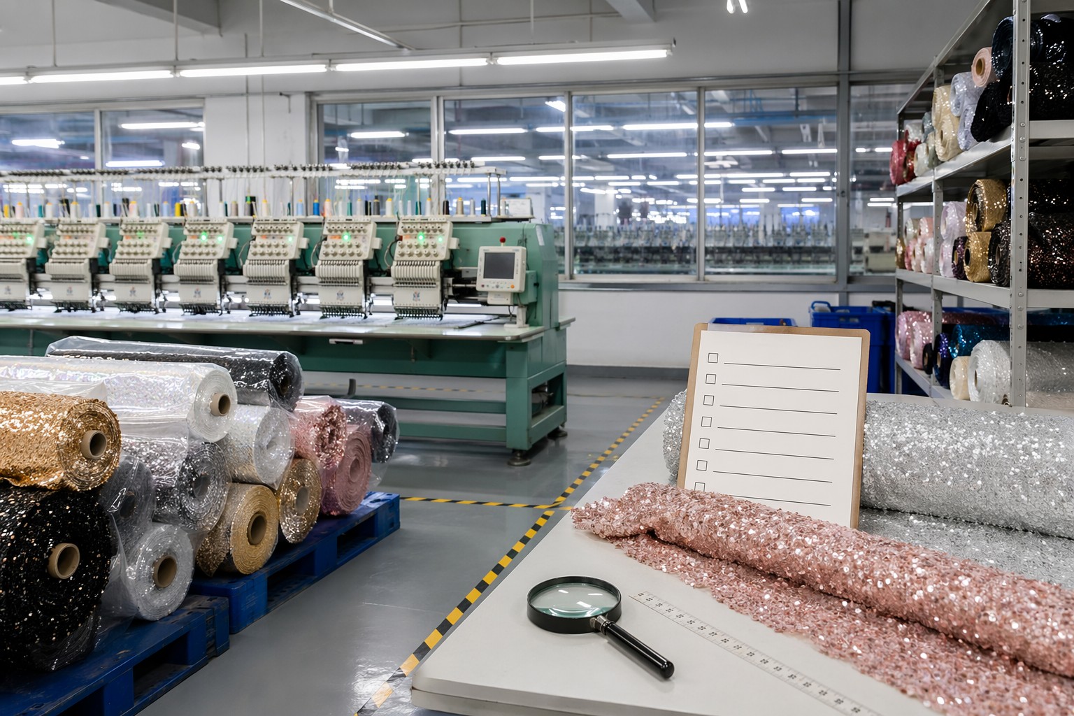 Factory evaluation setup for verifying a real sequin fabric manufacturer