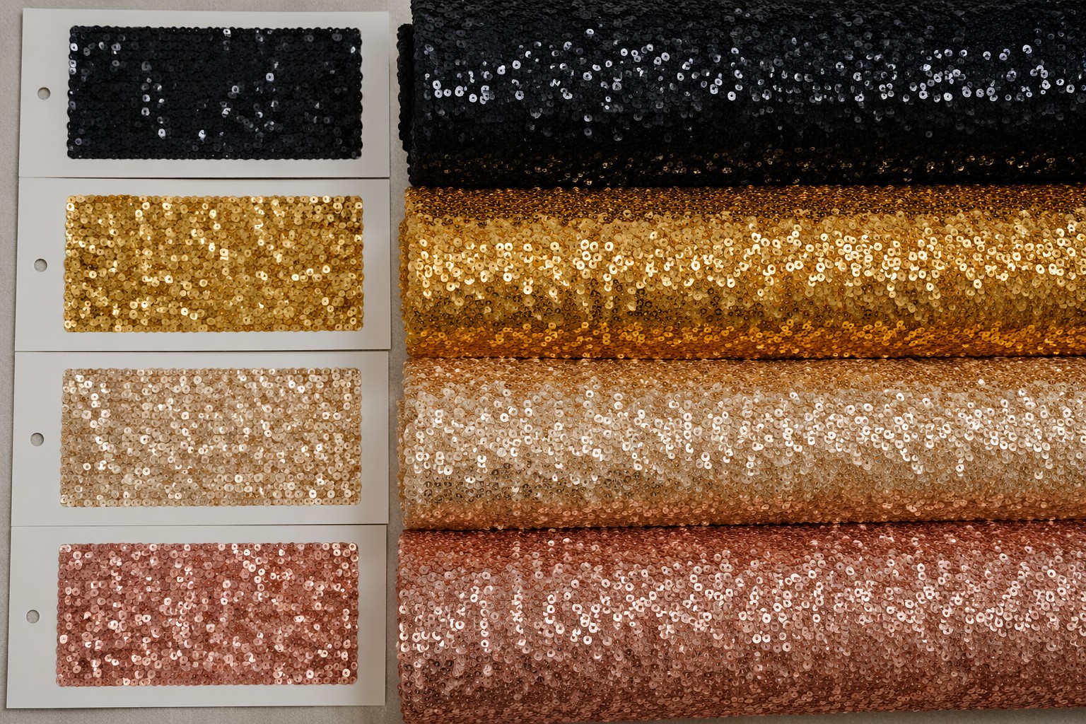 Sequin fabric color matching swatches and rolls for bulk order consistency