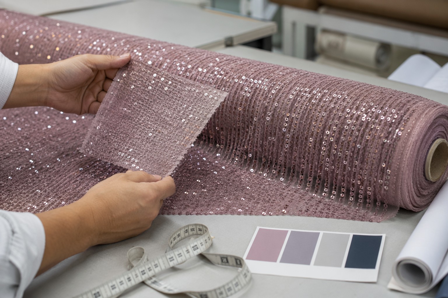 Sequin fabric swatch compared with bulk roll during factory quality control