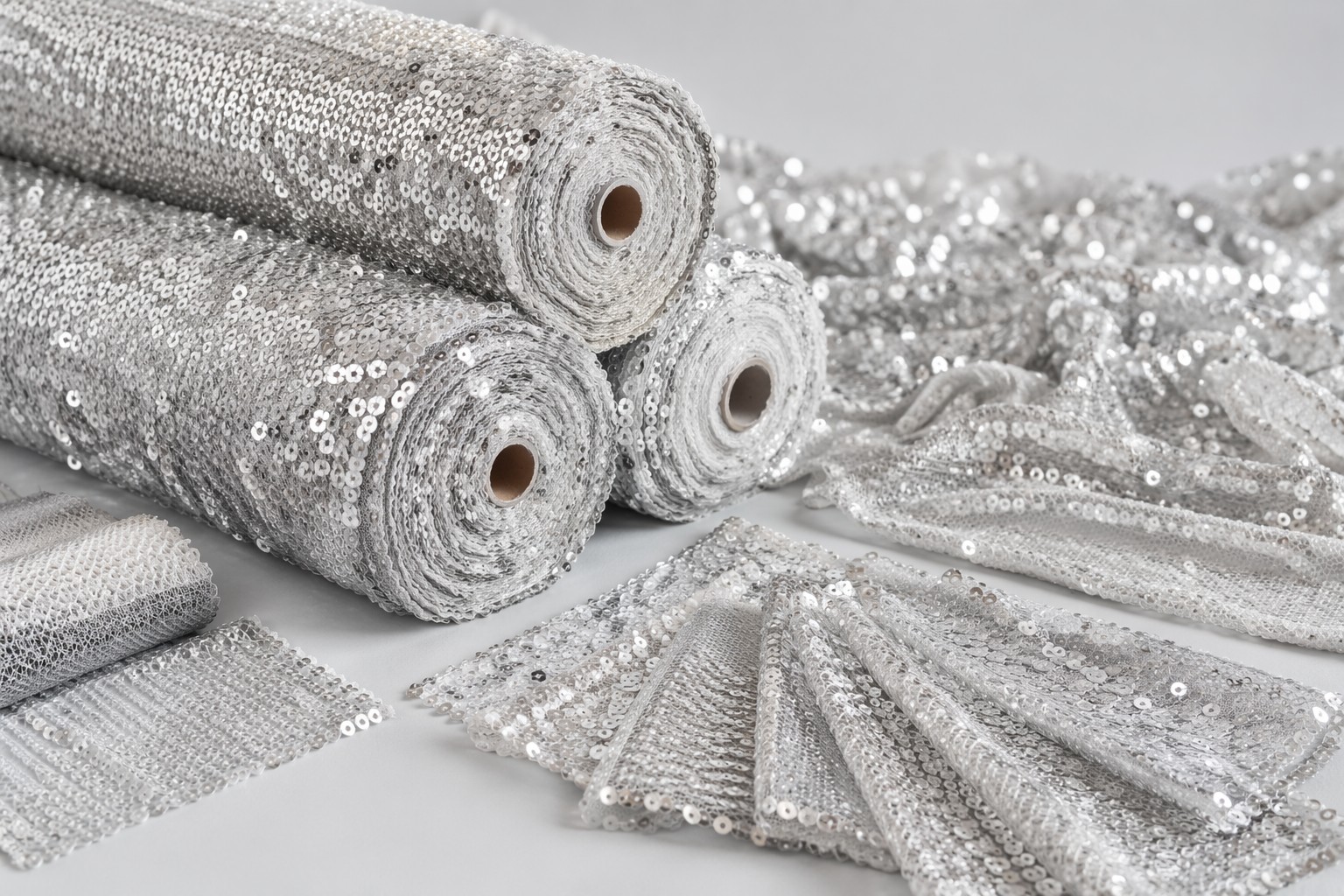 Silver sequin mesh fabric rolls and swatches for fashion and event wholesale buyers
