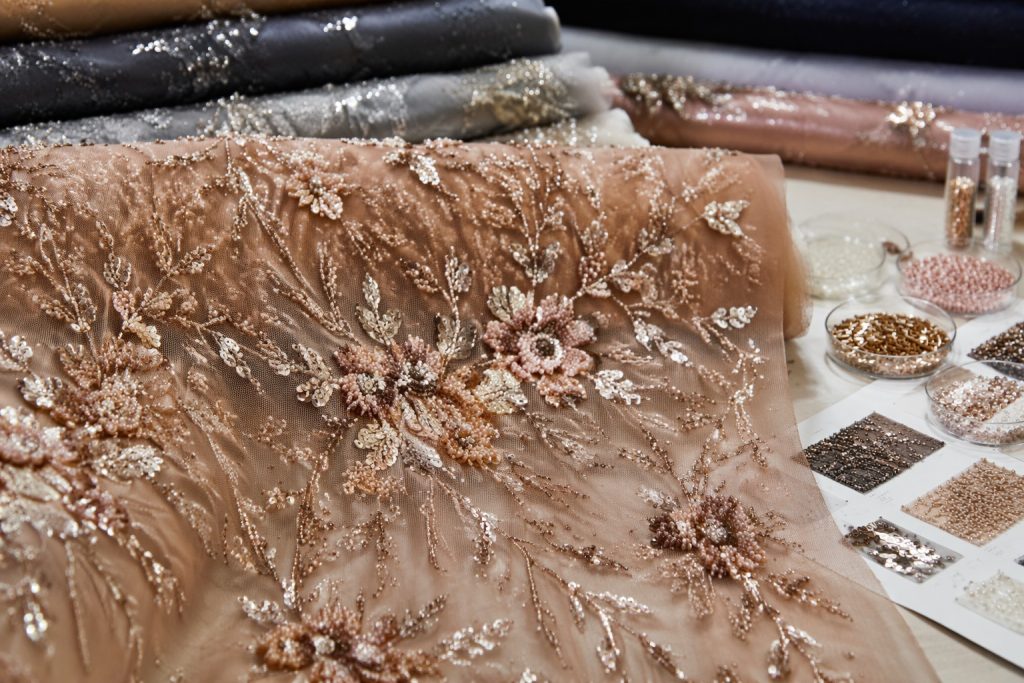 Micro-bead and sequin hybrid embroidery fabric for high-end sourcing