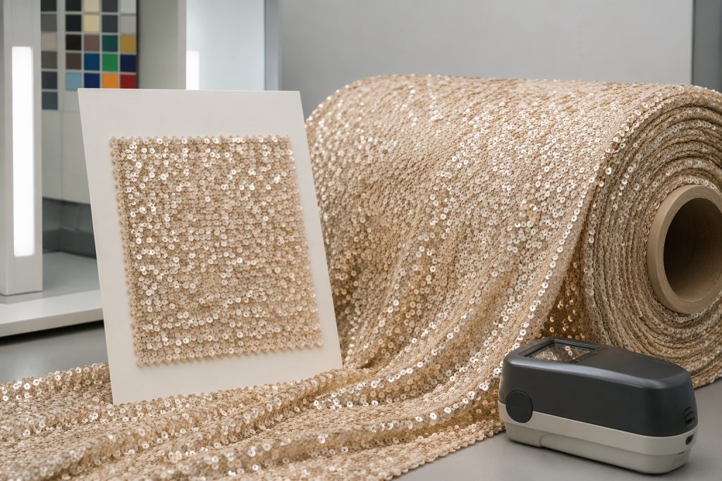 A4 approved sequin swatch matched with bulk fabric roll for color consistency
