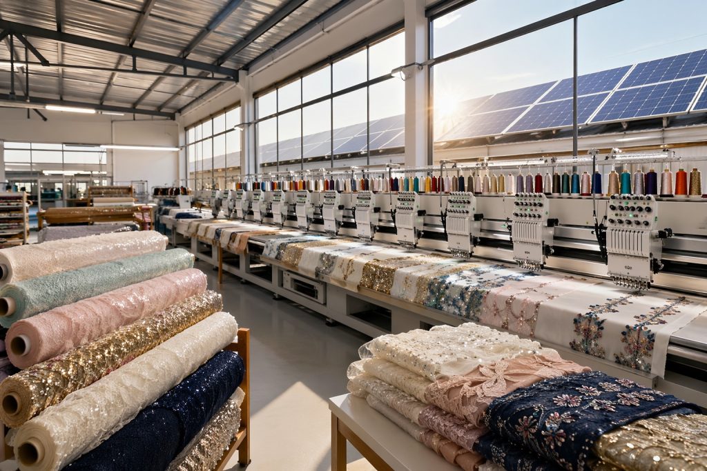Modern textile workshop with solar-powered production and sequin fabric rolls