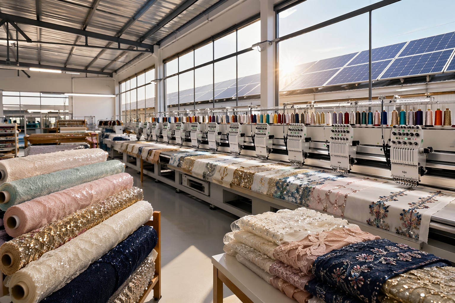 Modern textile workshop with solar-powered production and sequin fabric rolls