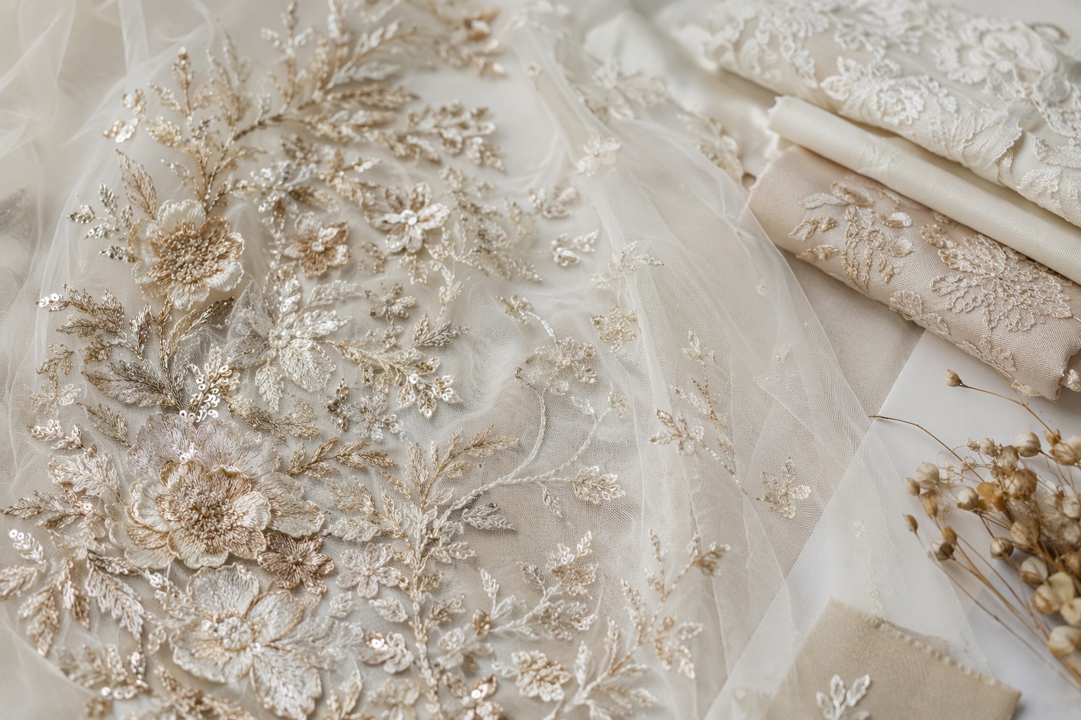 Asymmetrical botanical embroidery with champagne sequins on ivory bridal tulle