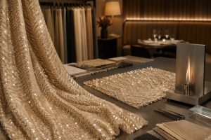 Champagne sequin drapery fabric for hospitality sourcing and material testing