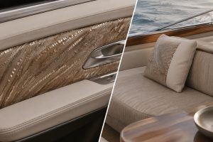Custom sequin embroidery textile applied in luxury automotive and yacht interiors
