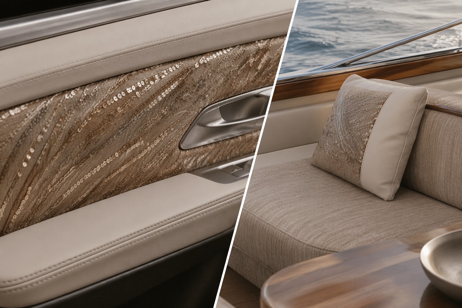 Custom sequin embroidery textile applied in luxury automotive and yacht interiors