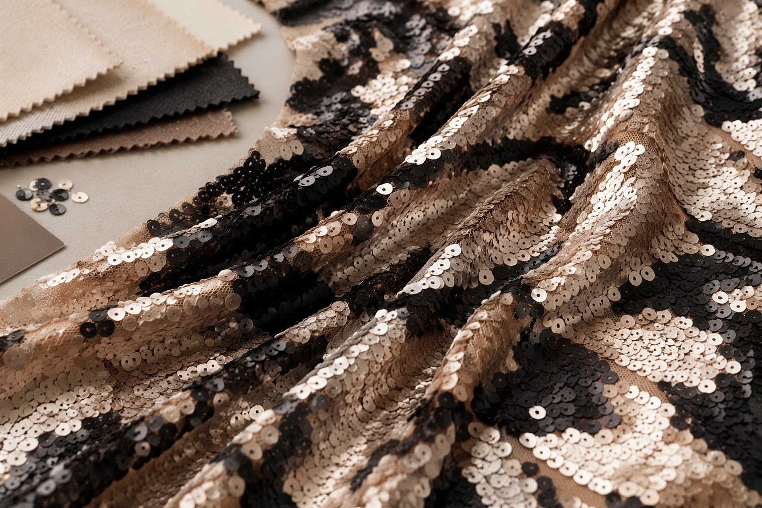 Matte champagne and black sequin fabric on mesh for premium wholesale sourcing